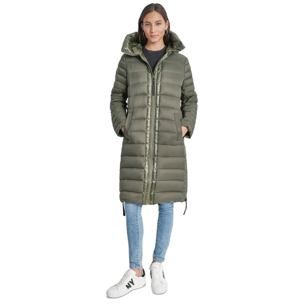 DKNY Jeans Womens Down Quilted Hooded Puffer Coat Olive Green Size XXS MSRP $229